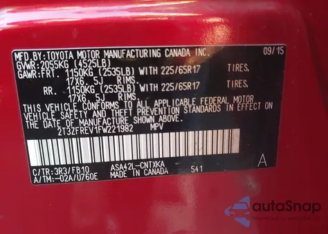 2015 Toyota Rav4 Le from USA, damaged, VIN 2T3ZFREV1FW221982